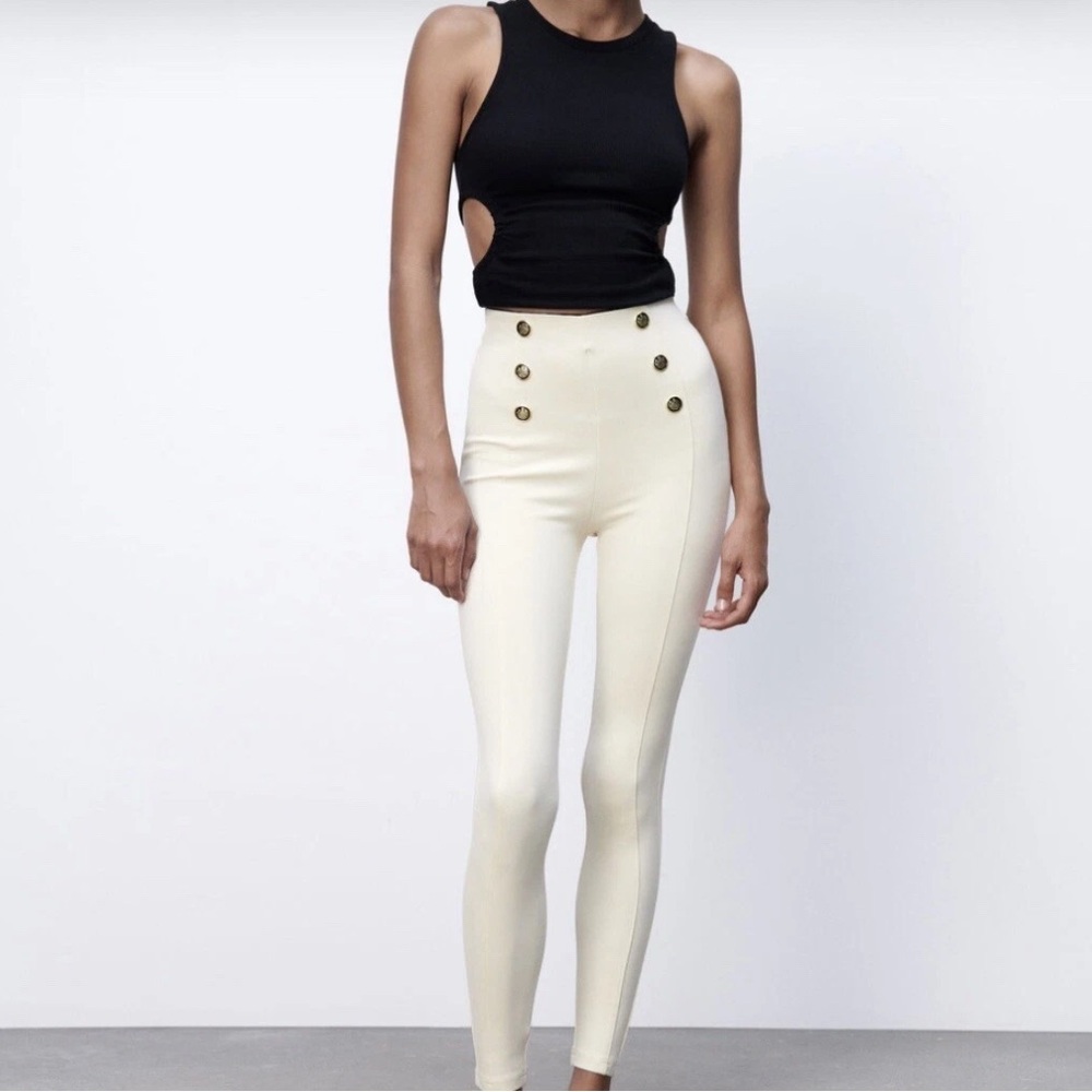 Zara Hi Rise Creme Legging Pants Straight Leg Size L